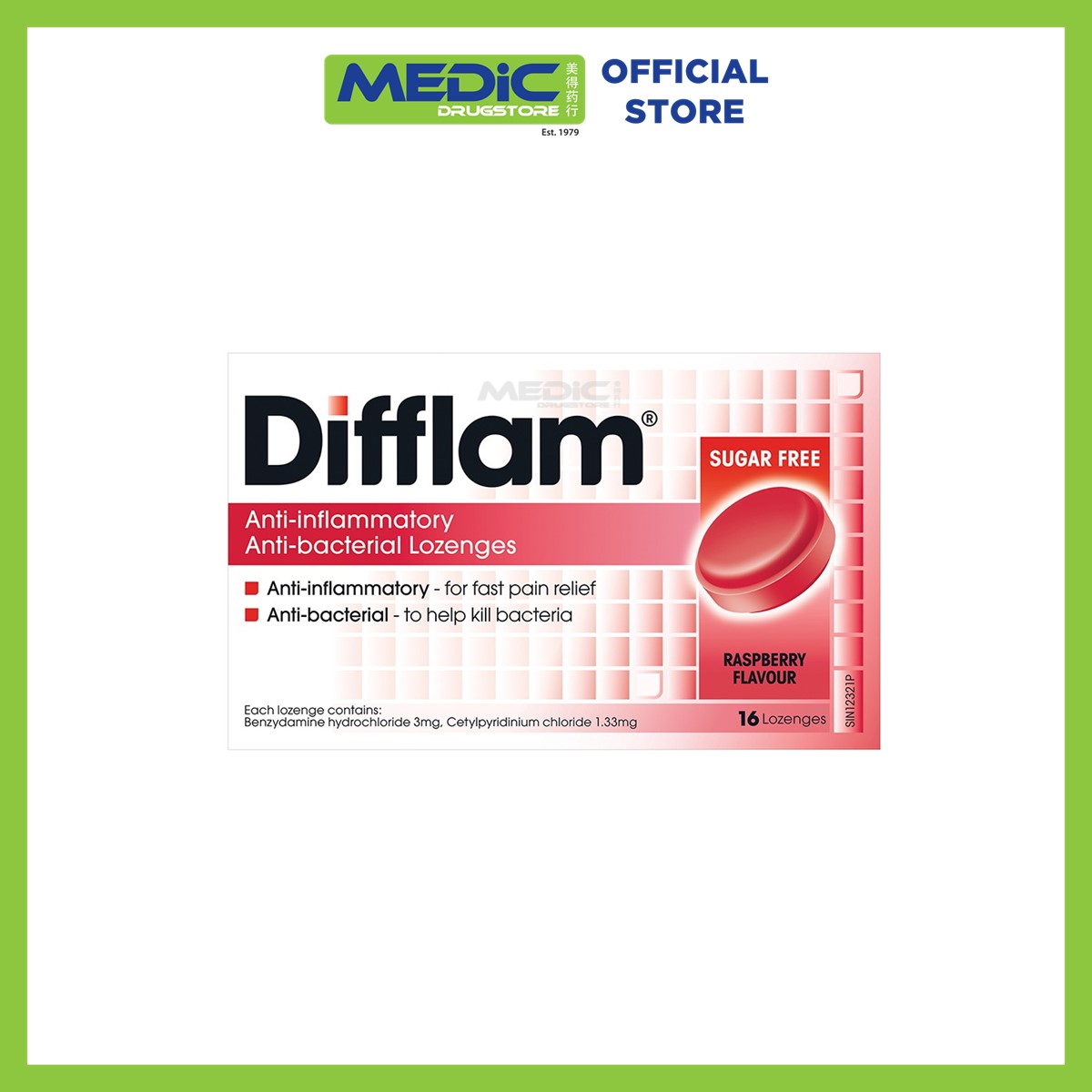 Difflam Anti inflammatory And Anti bacterial Lozenges Raspberry Flavour 16S (SKU 11444